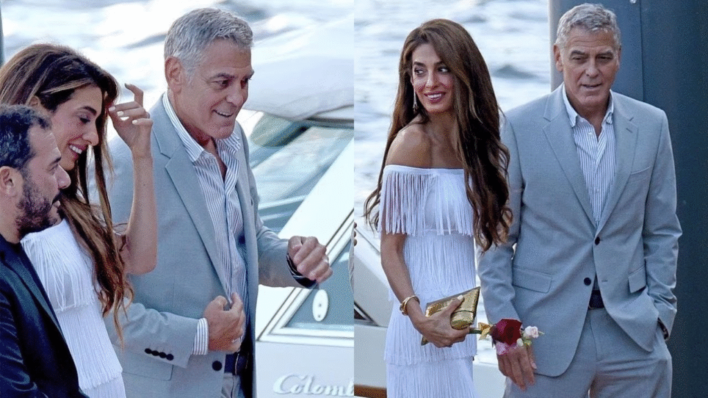 Amal Clooney Wows in White Fringed Gown at Lake Como